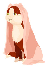 Cat character in blanket. Cartoon drawing of adorable comic domestic animal in warm clothing isolated on white background.  illustration
