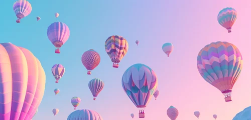 Abwaschbare Fototapete Heißluftballon A vision of colorful hot air balloons rising at dawn, symbolizing uplift and celebration with the background shifting from pale blue to soft lavender