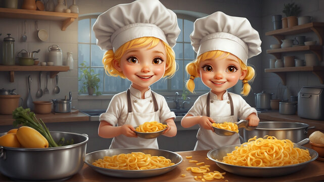 Beautiful blonde chef sisters making spaghetti in the kitchen