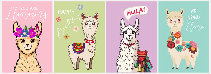 Set of Cute llama alpaca cartoon character cards template. Trendy graphic design for nursery design, poster, greeting, birthday card, baby shower party invitations. Colorful vector illustrations.