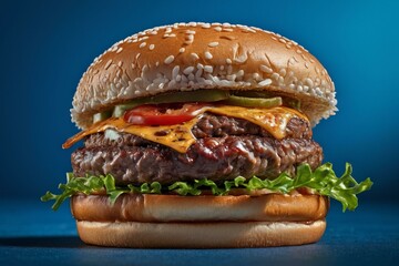 Beef Burger on Blue Background