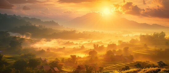 The sun sets over a mountain valley, creating a beautiful and serene scene. - obrazy, fototapety, plakaty