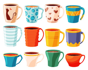 Cup tea coffee icon set. Cute trendy crockery with handle for drink. Vintage teacup collection. Hand drawn colored trendy  illustration in cartoon style