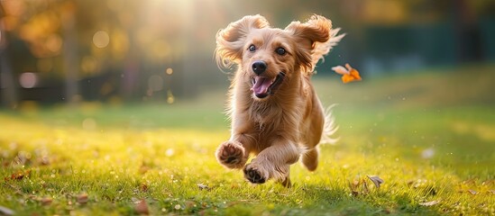 An adorable, cute dog joyfully runs through the green grass while carrying a frisbee in its mouth.