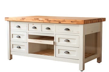 Traditional White Kitchen Island with Butcher Block Top and Storage Drawers, White Background, Isolated

