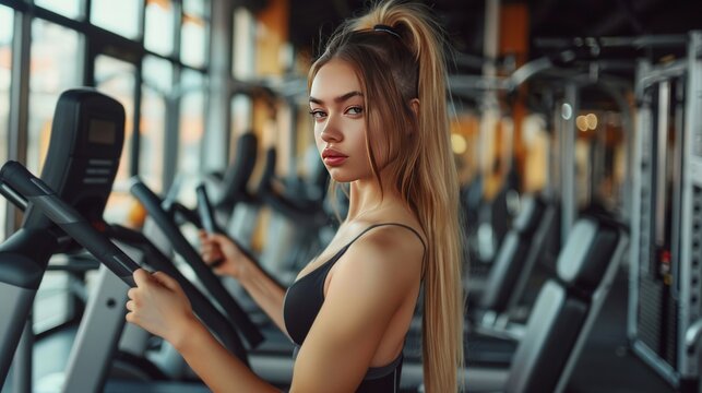 Beautiful Young Girl Workout at Fitness Gym. generative AI image