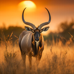Majestic Portrait of Gnu Antelope in its Natural Savannah Habitat Against the Backdrop of Azure Skies