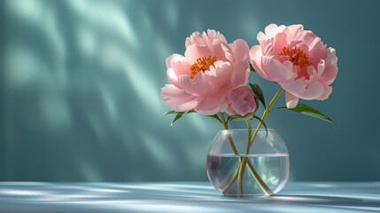Bouquet of pink peonies on a green background. - 740187784