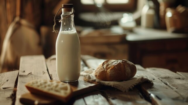 Close-up of Bread and Milk Bottle on wooden table on isolated background. generative AI image