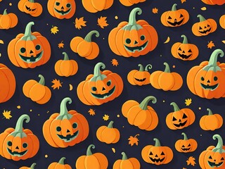 Fun and festive seamless Halloween pattern featuring smiling jack-o'-lanterns on a dark background. Perfect for Halloween decorations. Generative AI.