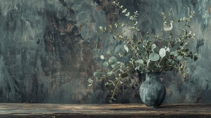 Eucalyptus in a stylish ceramic vase on a wooden table on an isolated background. Copy space