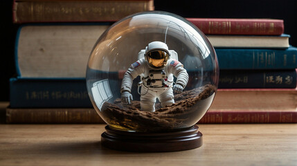 Naklejka premium a glass globe with a toy astronaut inside