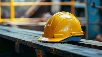 yellow construction helmet at a construction site on a table