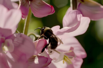 closeup of a bee pollinating a pink blooming flower, bokeh
