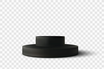 Black empty round podium. Black round podium on a transparent background, advertising demonstration of goods. Design element.