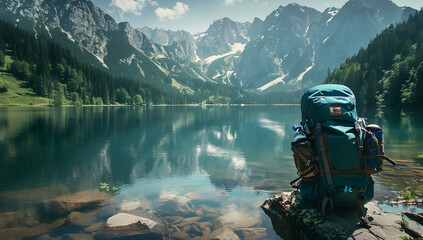 An illustration featuring a backpack and hiking boots placed on the shore of a lake, with majestic mountains in the background. The concept of hiking and travel adventures. - obrazy, fototapety, plakaty