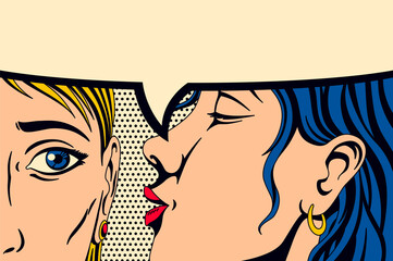 Gossip girl whispering in ear secrets. Comic book panel in pop art style. Rumor or word-of-mouth concept. Emotional pretty woman trying to tell or announcing secret message. Color  illustration