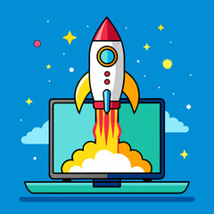 Fototapeta premium Space rocket launching from a laptop screen, Generative AI. 