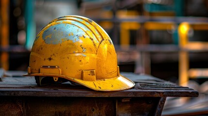 yellow construction helmet on a construction site on a wooden board in a construction in high definition and high quality HD