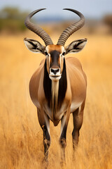 Majestic Portrait of Gnu Antelope in its Natural Savannah Habitat Against the Backdrop of Azure Skies