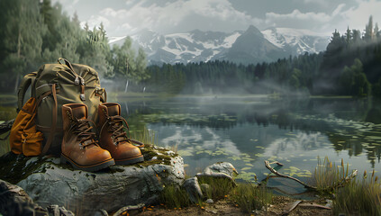 An illustration featuring a backpack and hiking boots placed on the shore of a lake, with majestic mountains in the background. The concept of hiking and travel adventures. - obrazy, fototapety, plakaty