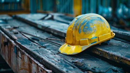 yellow construction helmet ON A large construction site