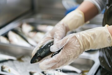 Close hands put fish on ice in a store, at the market. Fish factory. Production, sorting of fish