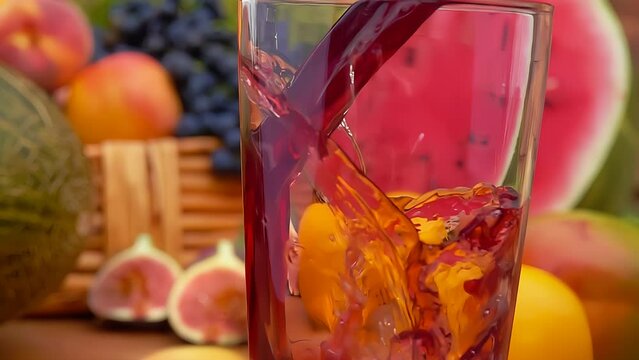 The steam of delicious fresh multifruit juice is poured into a jag on the background of the ripe fruits and berries
