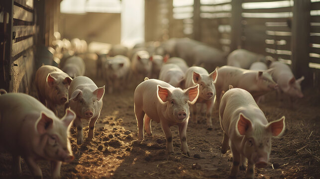 closely pegged pigs group penned in farm barn, animal welfare, living rights, farming conditions