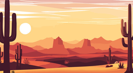 Desert landscape abstract art background. Texas western mountains and cactuses. Vector illustration of Wild West desert with red sky and sun. Design element for banner, flyer, card, sign template.
