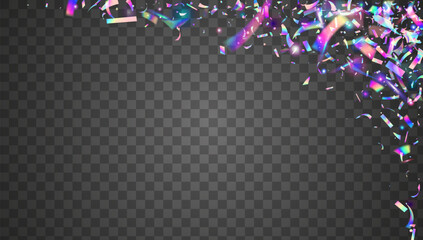 Carnival Glitter. Cristal Banner. Neon Confetti. Hologram Background. Disco Abstract Illustration. Light Pattern. Blue Laser Serpentine. Falling Poster. Purple Carnival Glitter