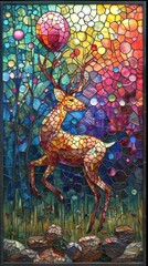 Stained glass window background with colorful reindeer abstract.	

