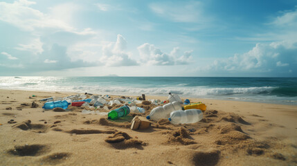 Fototapeta na wymiar Pile of garbage on the beach. Beach trash.