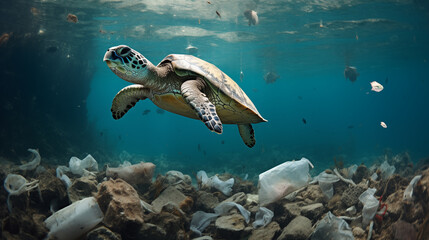 Marine Pollution, Garbage in the Sea and the Elderly Turtle. - obrazy, fototapety, plakaty