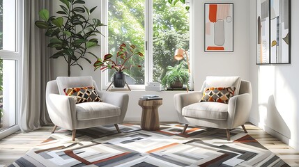 A cozy seating area in the living room with Scandinavian style accent chairs and a geometric patterned rug