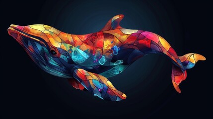 Obraz premium Stained glass window background with colorful Whale abstract