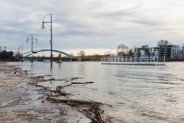 Flooded riverside Magdeburg embankment promenade Submerged street lamp posts Bridge Background....