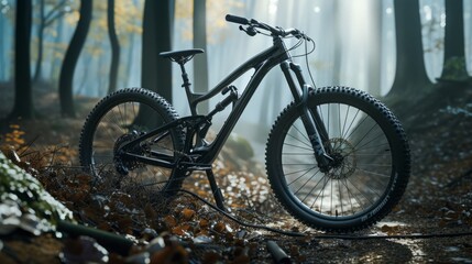 A black mountain bike is parked on a forest trail, surrounded by tall trees and bathed in soft, dappled sunlight.

