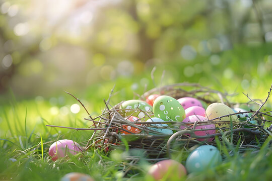 colorful painted decorated easter eggs in nest on green lawn grass in sunlight, happy easter celebration holiday