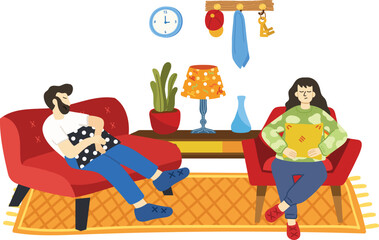 illustration of a couple tried and relaxing on couch in living room