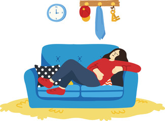 illustration of a woman tried and relaxing in living room