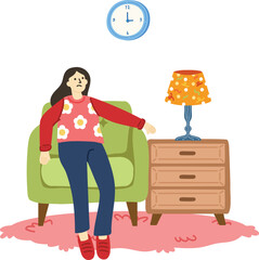 illustration of a woman tried and relaxing in living room