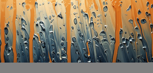 Abstract expressionist streaks of dark blue, silver, and white, reminiscent of rain on a window, set against a warm orange background