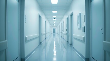 A white hospital hallway with an unfocused background in healthcare. It typically features clean, unfocused background. hospital banner