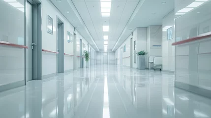 Fotobehang A white hospital hallway with an unfocused background in healthcare. It typically features clean, unfocused background. hospital banner © Ilmi