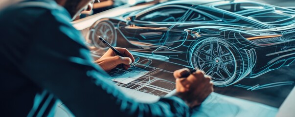 An engineer sketches the blueprint of a futuristic car, envisioning innovative designs and cutting-edge technology - obrazy, fototapety, plakaty