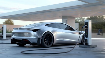 A sleek silver electric car charges at a modern electric vehicle charging station under a clear sky.

