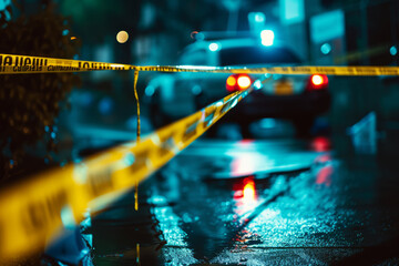 Crime scene with secure tape and police car in night, Detectives investigating murder in restricted zone