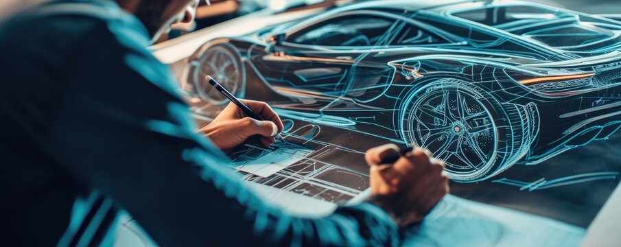 An engineer sketches the blueprint of a futuristic car, envisioning innovative designs and cutting-edge technology