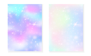 Unicorn background with kawaii magic gradient. Princess rainbow hologram. Holographic fairy set. Mystical fantasy cover. Unicorn background with sparkles and stars for cute girl party invitation.